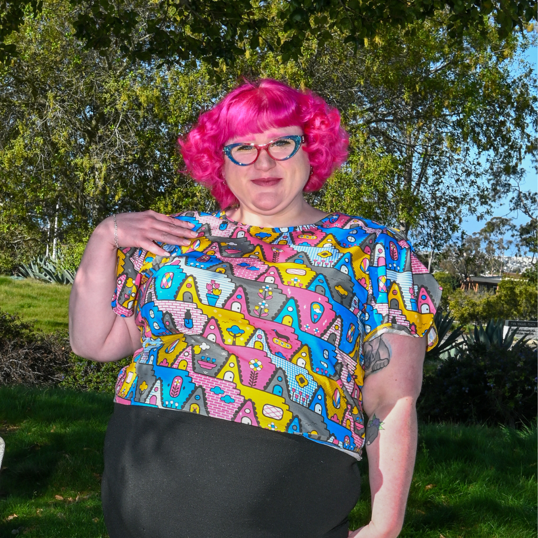 8-Bit A-Frames Cropped Tulip Sleeve in Pretty Pastels Blue Platypus Clothing