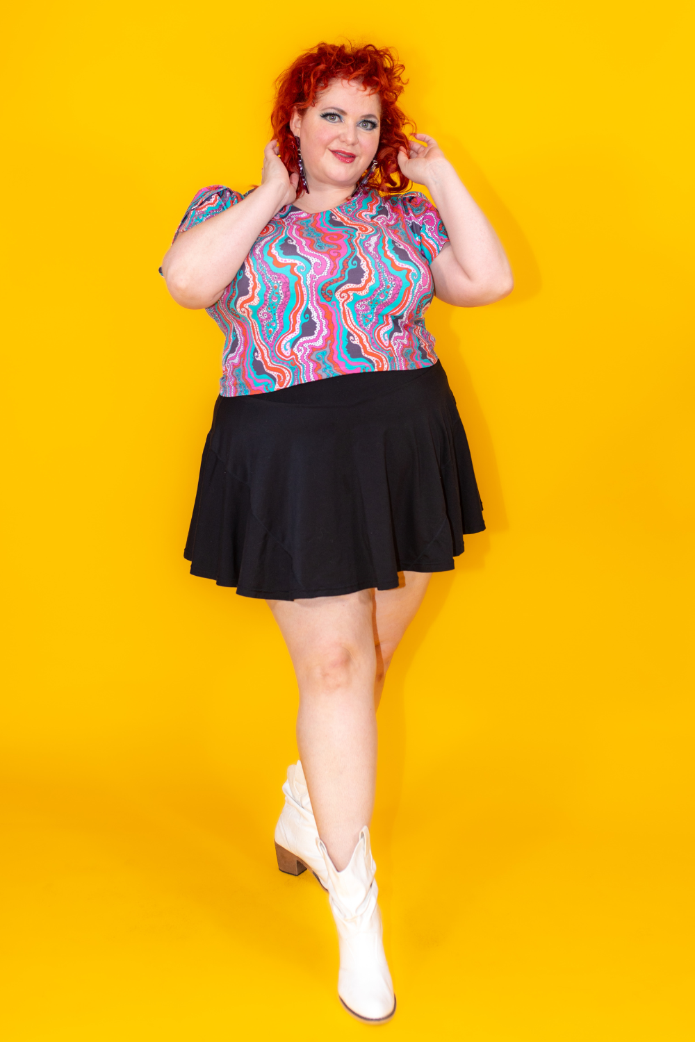 Geode Print Cropped Tulip Sleeve in Aqua Swirl Blue Platypus Clothing