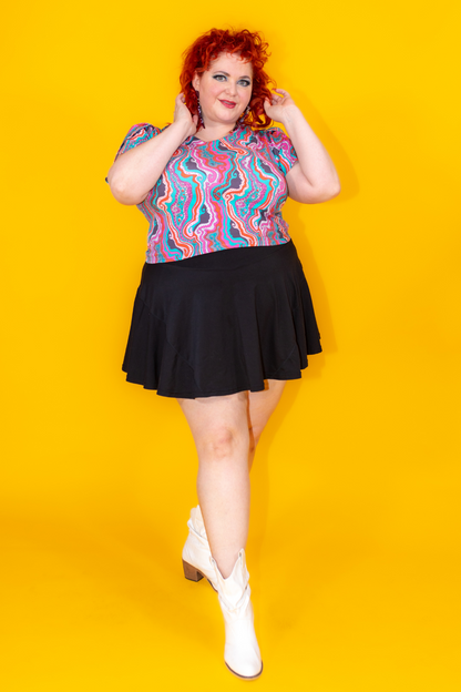 Geode Print Cropped Tulip Sleeve in Aqua Swirl Blue Platypus Clothing