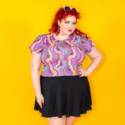 Geode Print Cropped Tulip Sleeve in Purple Haze Blue Platypus Clothing