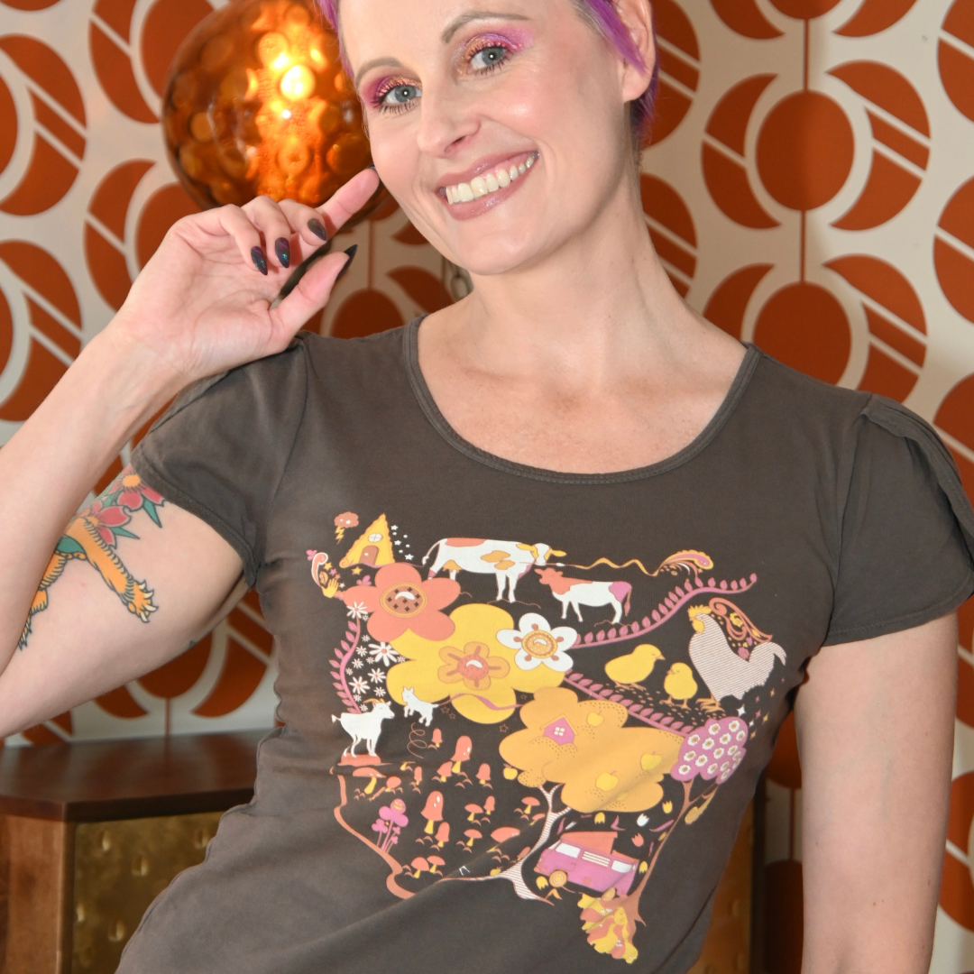 Whimsical Landscape & Animal Tee in Walnut Blue Platypus Clothing