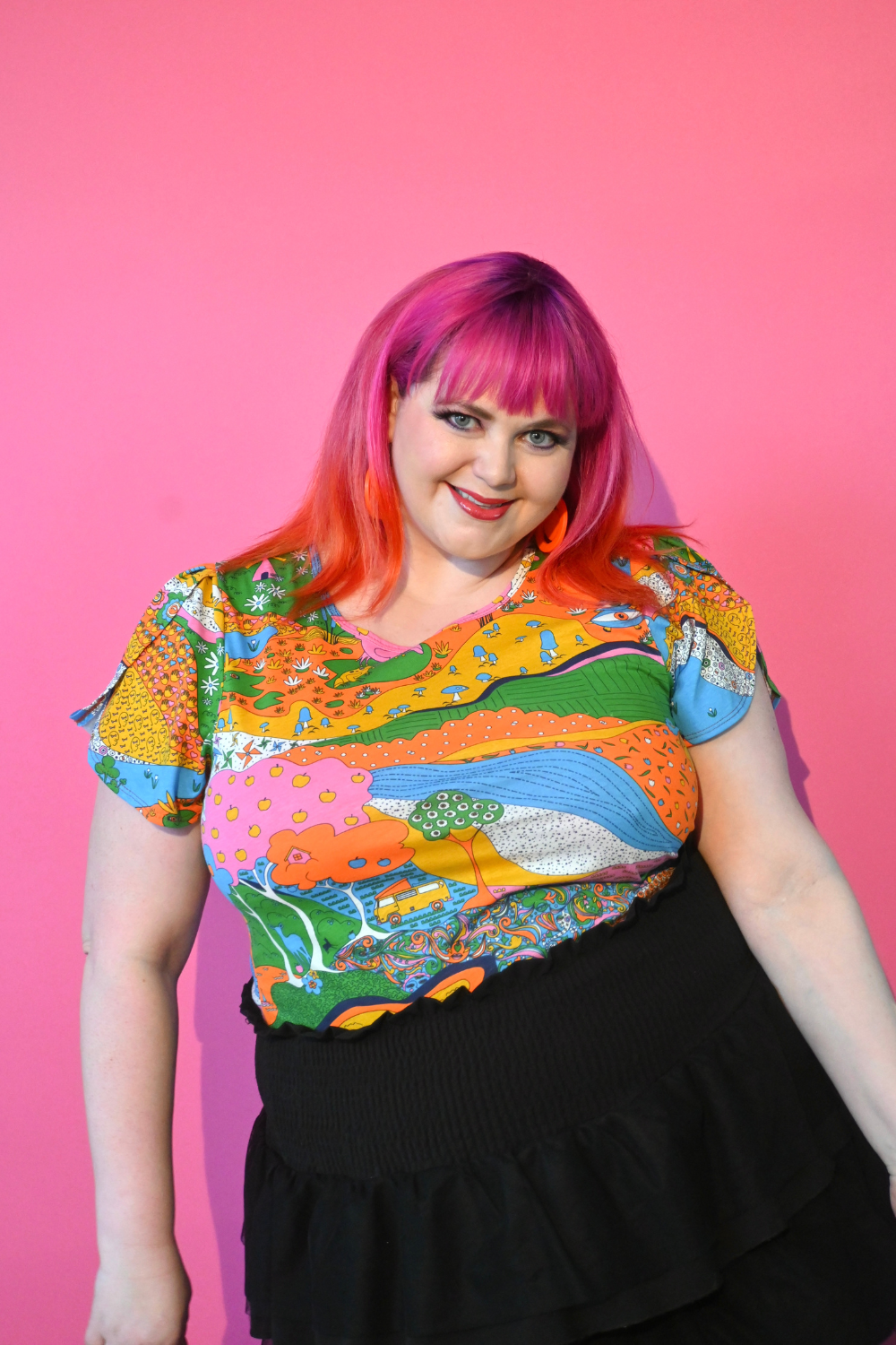 Landscape Tulip Sleeve Tee in Rainbow Farm Blue Platypus Clothing