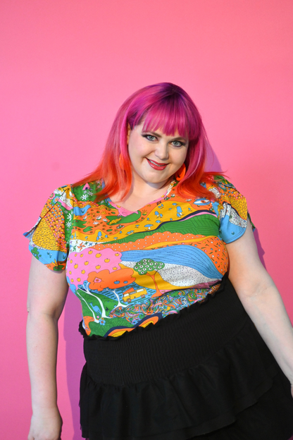 Landscape Tulip Sleeve Tee in Rainbow Farm Blue Platypus Clothing