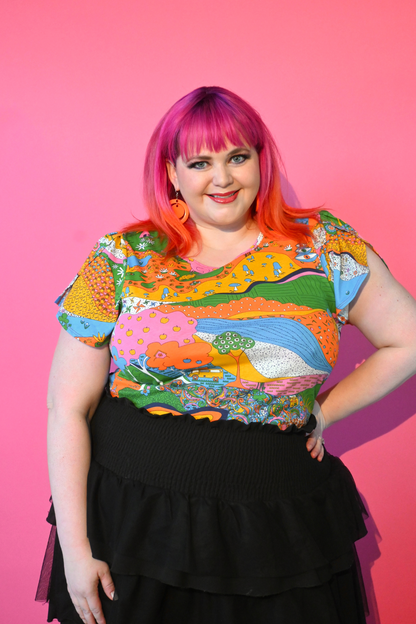 Landscape Tulip Sleeve Tee in Rainbow Farm Blue Platypus Clothing