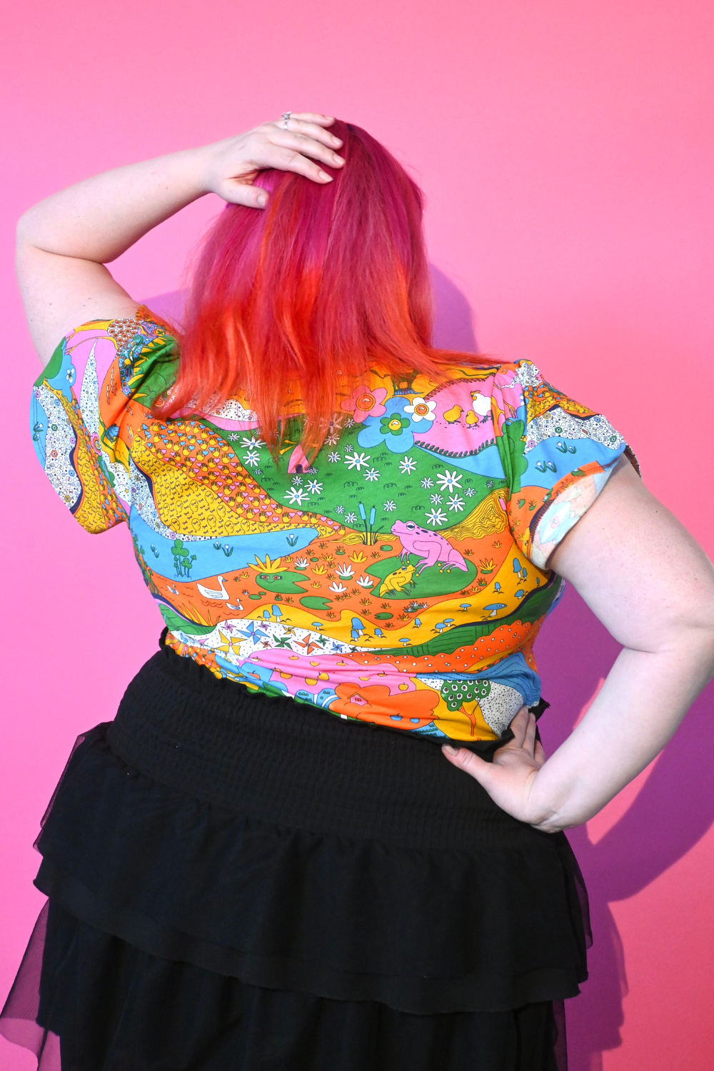 Landscape Tulip Sleeve Tee in Rainbow Farm Blue Platypus Clothing