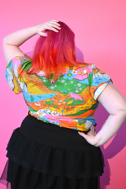 Landscape Tulip Sleeve Tee in Rainbow Farm Blue Platypus Clothing