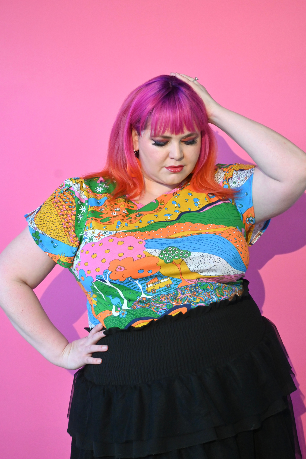 Landscape Tulip Sleeve Tee in Rainbow Farm Blue Platypus Clothing