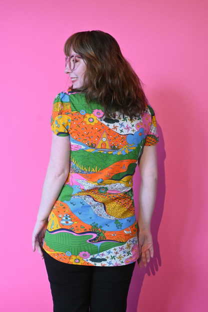 Landscape Tulip Sleeve Tee in Rainbow Farm Blue Platypus Clothing
