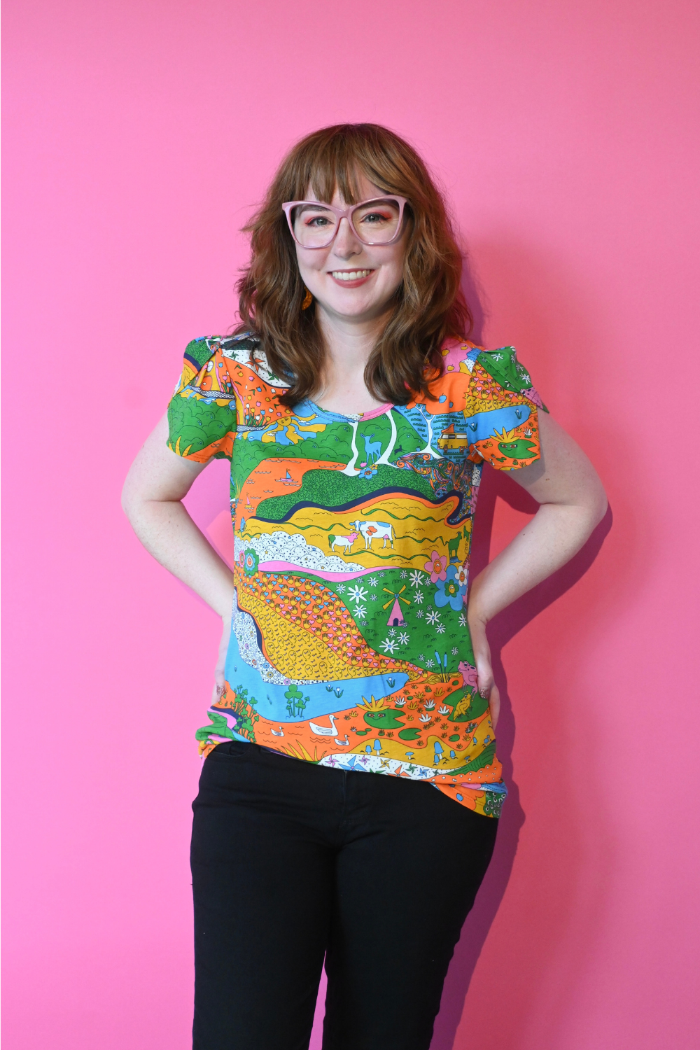 Landscape Tulip Sleeve Tee in Rainbow Farm Blue Platypus Clothing