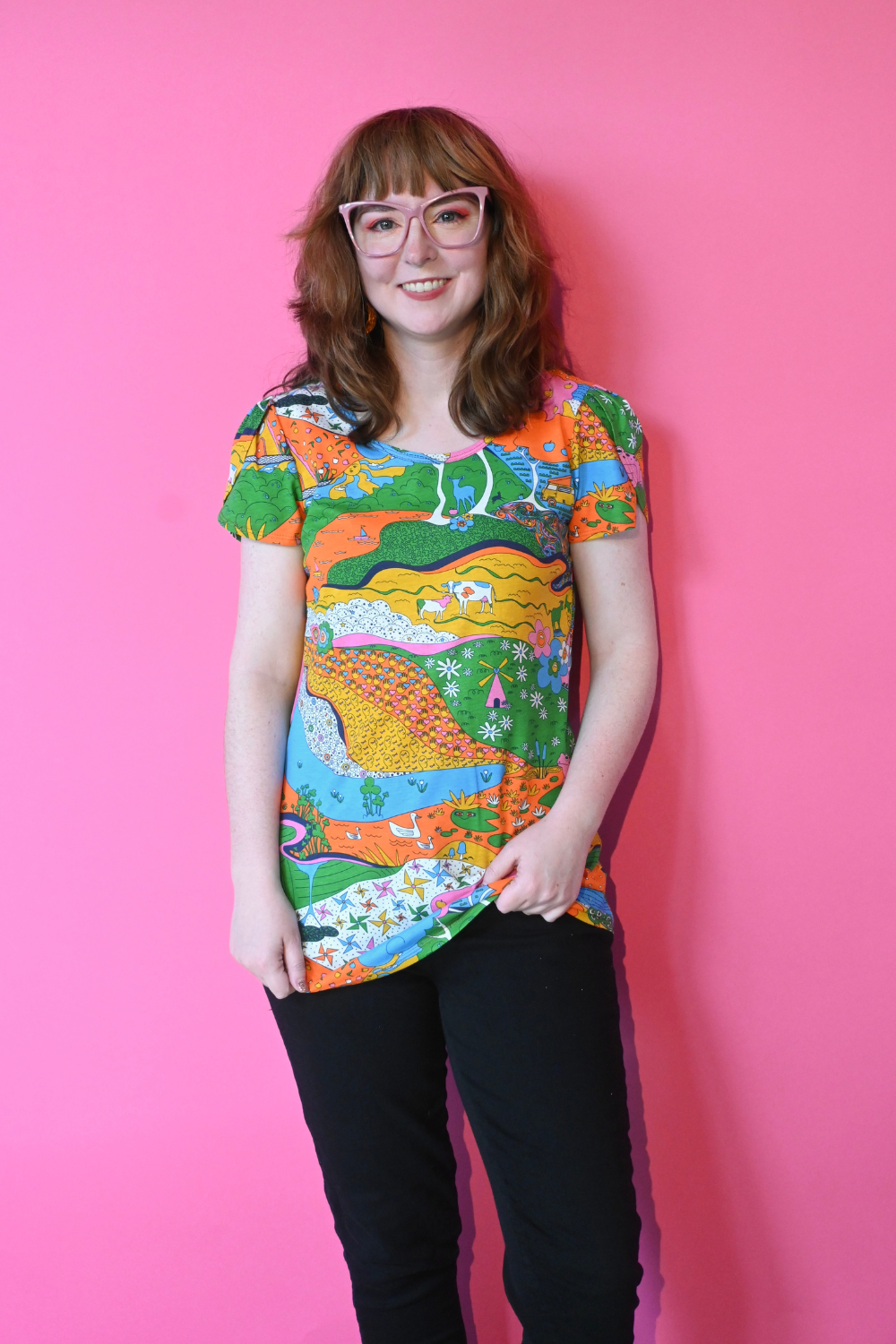 Landscape Tulip Sleeve Tee in Rainbow Farm Blue Platypus Clothing