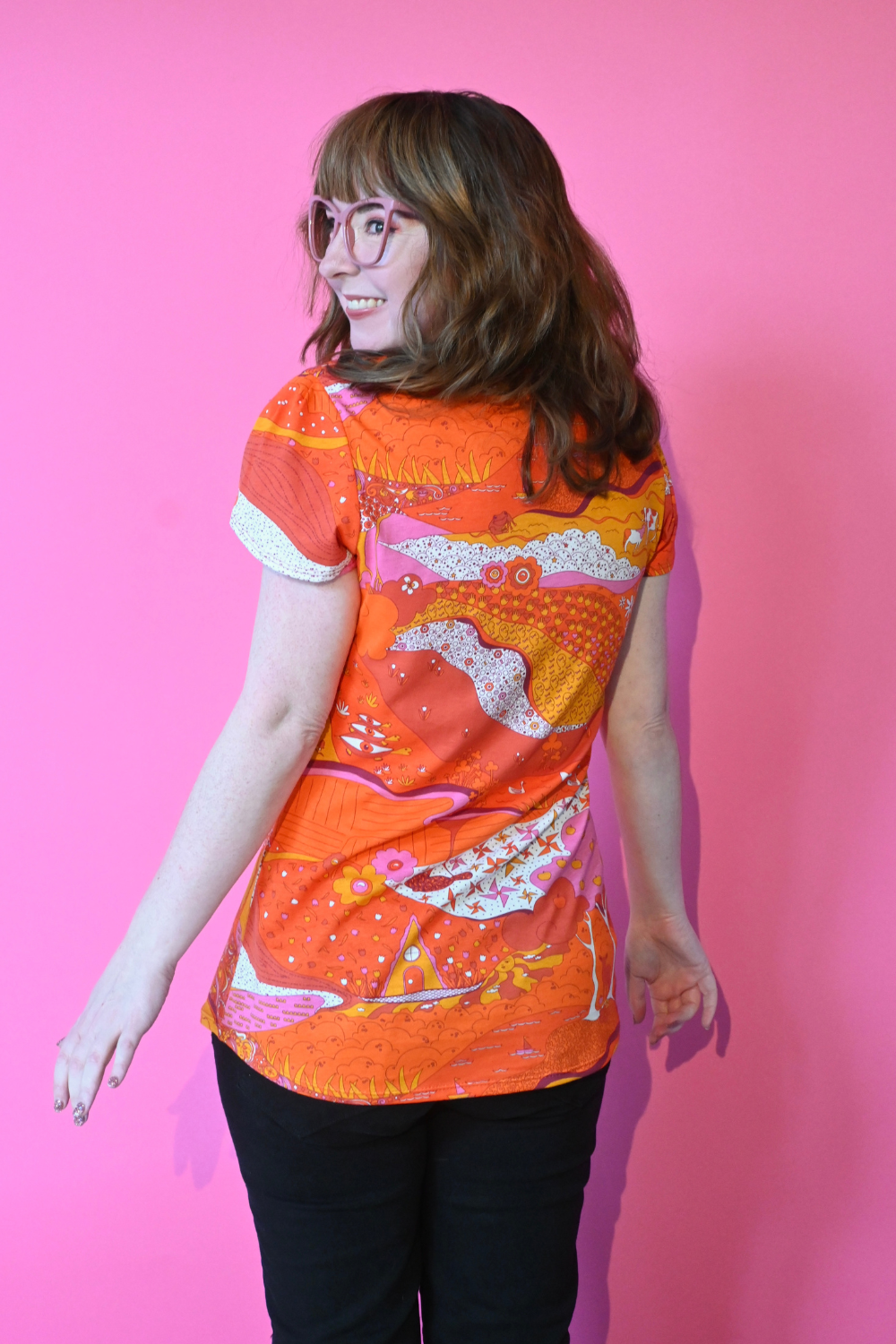 Landscape Tulip Sleeve Tee in Warm Tones Blue Platypus Clothing