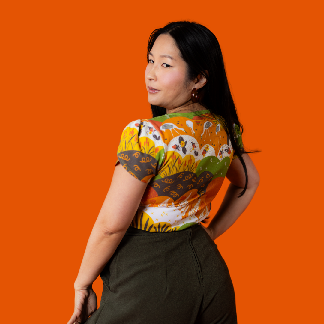 Earth-Toned Meadow Print Tulip Sleeve Blue Platypus Clothing