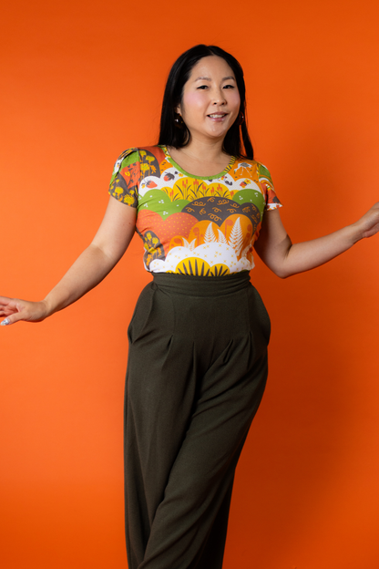Earth-Toned Meadow Print Tulip Sleeve Blue Platypus Clothing