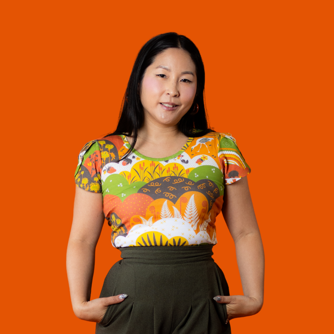 Earth-Toned Meadow Print Tulip Sleeve Blue Platypus Clothing