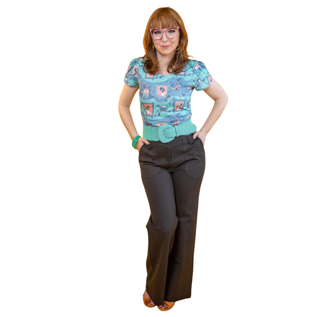 Brownstone Betties Tulip Sleeve Tee in Aqua & Peach Blue Platypus Clothing