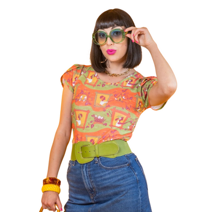 Brownstone Betties Tulip Sleeve Tee in Pumpkin & Olive Blue Platypus Clothing