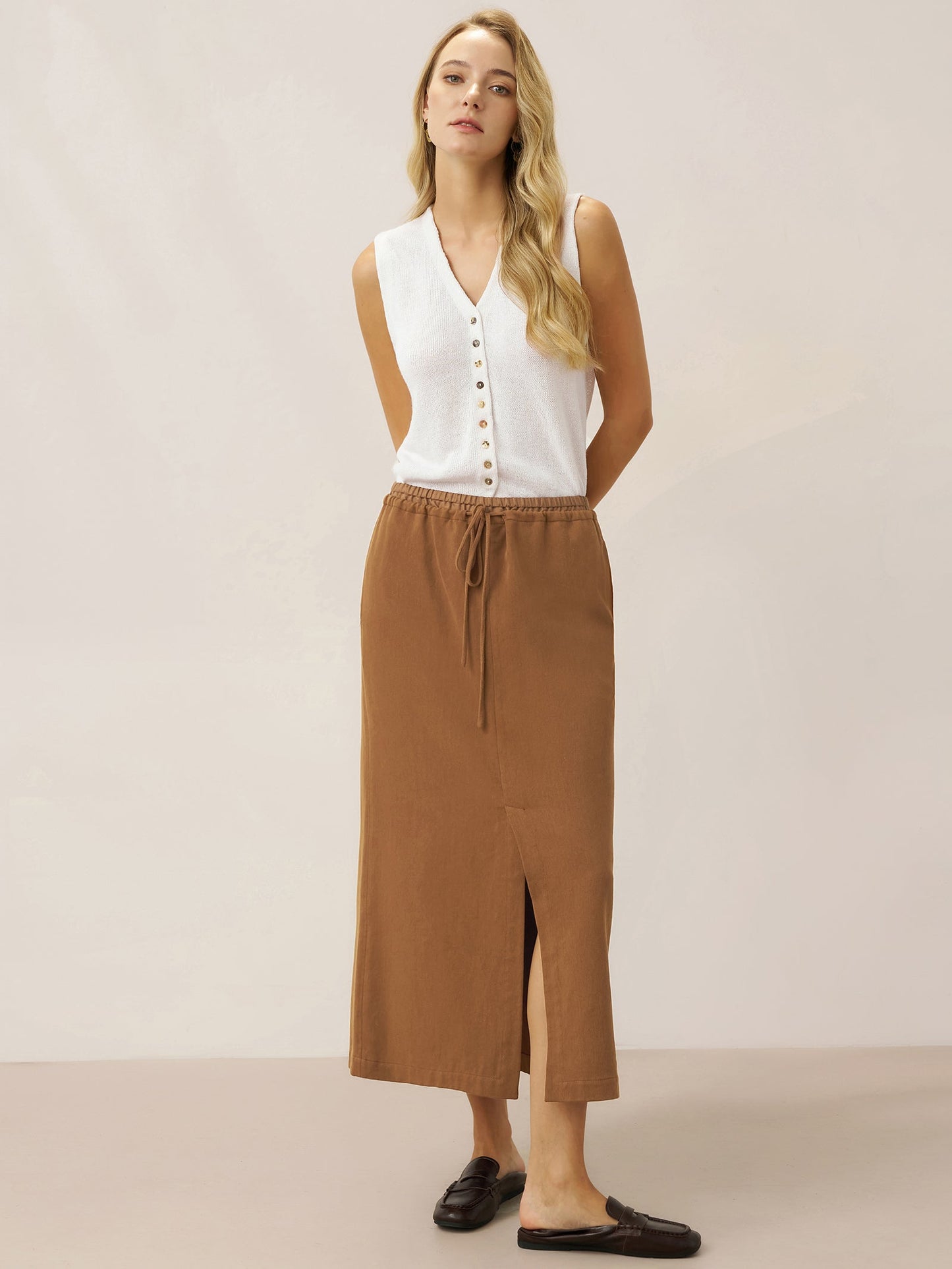 Lyocell Linen Drawstring Split Maxi Skirt SAMANTHA