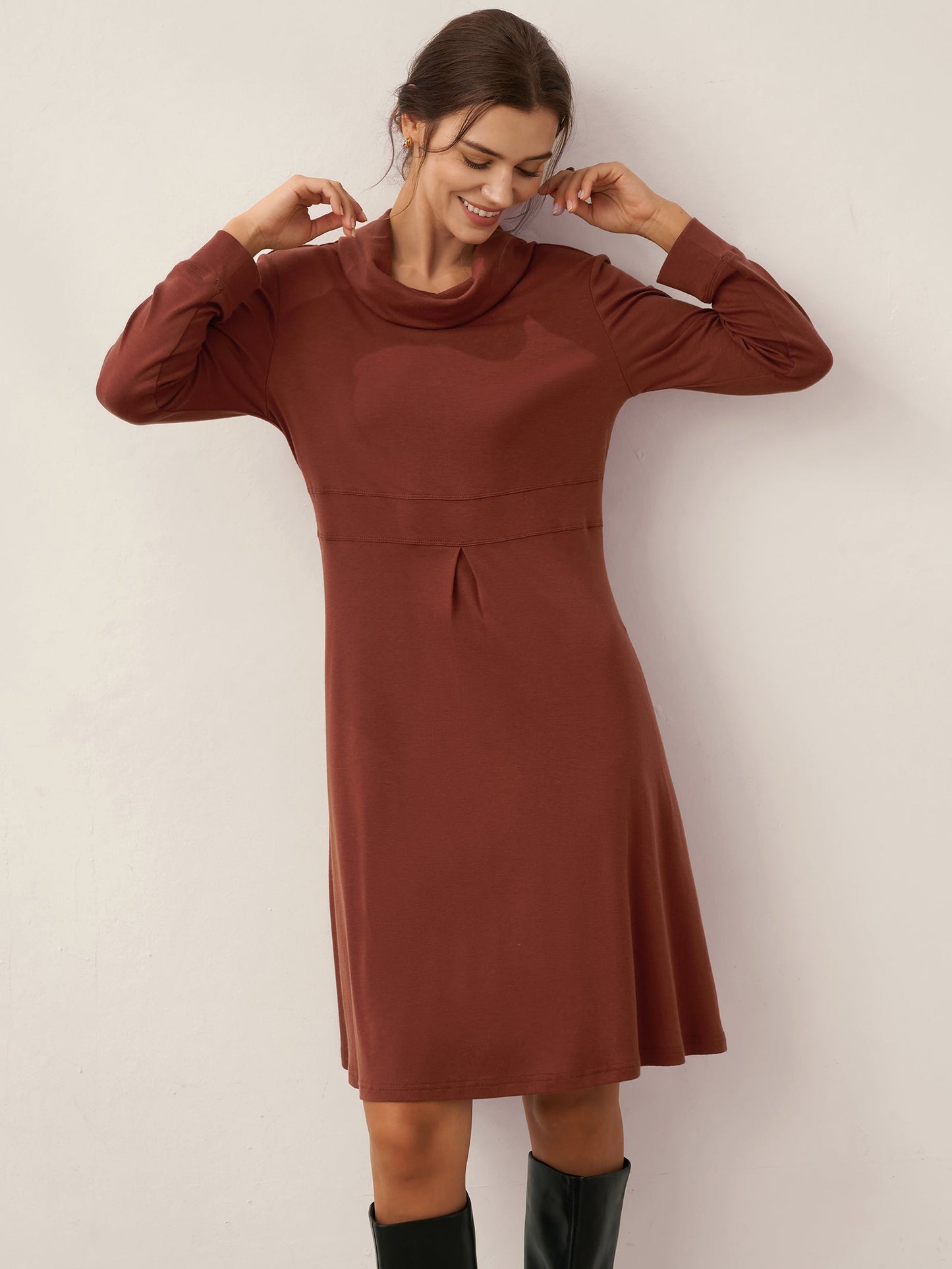 Lyocell Wool Draped Neck Stretch Midi Dress KIRA