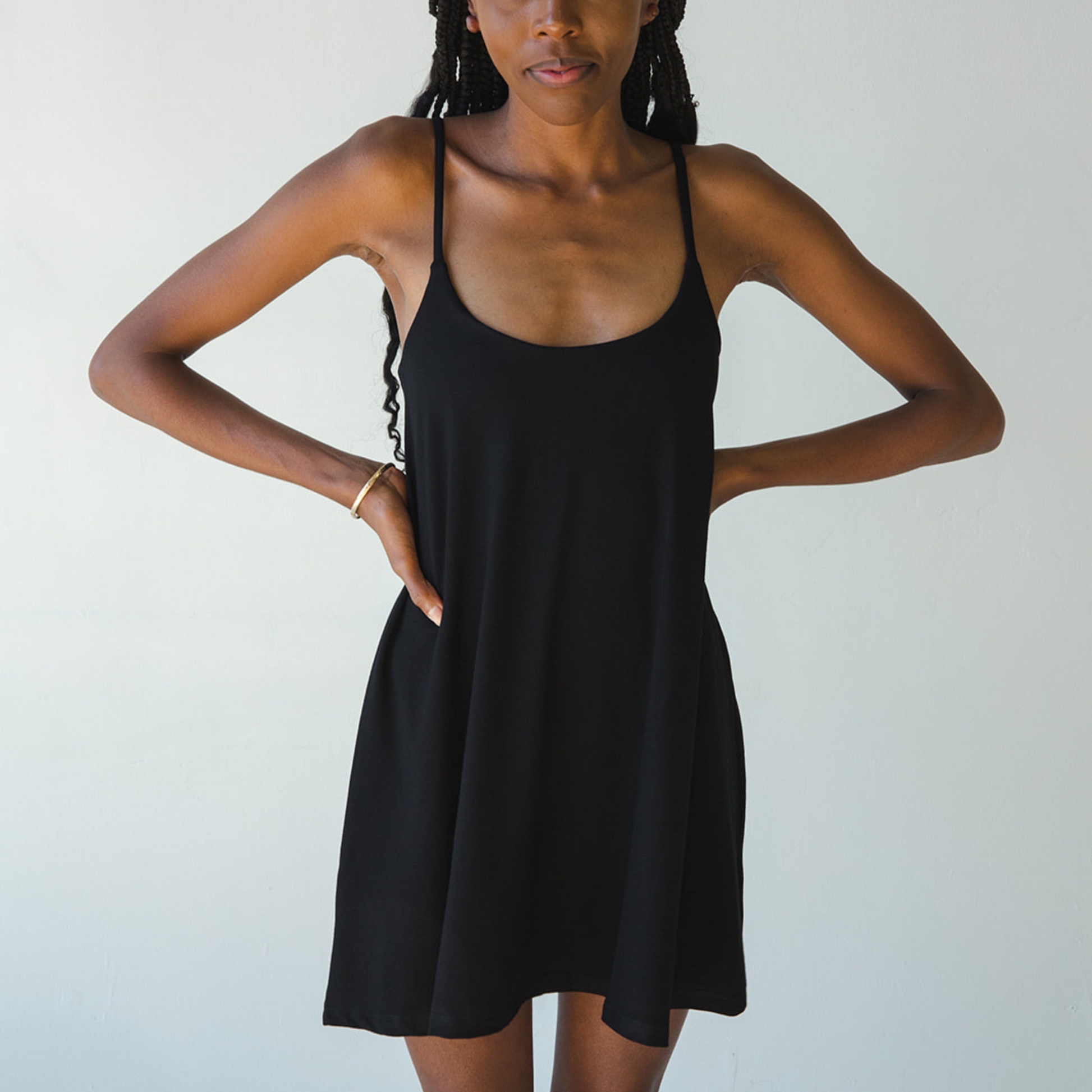 Betty Dress - Swinging Slip Dress w/ Shelf Bra - Black Boob-eez