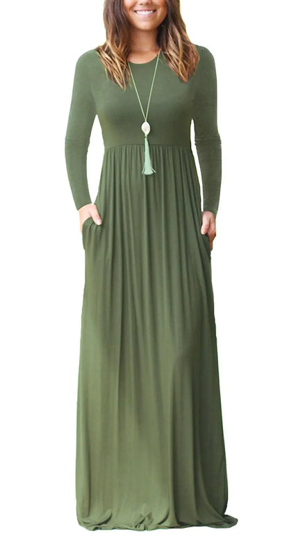 Women's Casual Long Sleeve Elastic Waist Dress
