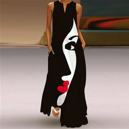 Printed V-neck Sleeveless Maxi Dress