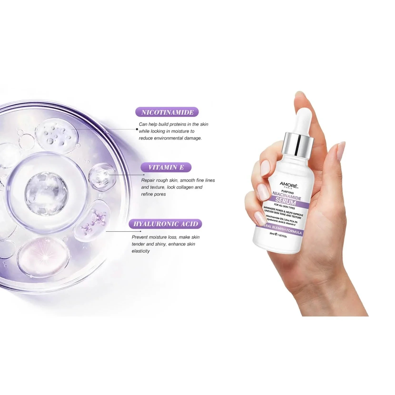 Amore Paris Niacinamide Face Serum 12% Plus Zinc 2%, Hyaluronic Acid & Vitamin E, Dark Spot Remover, Pore Minimizer & Aging Skin Treatment DailySale