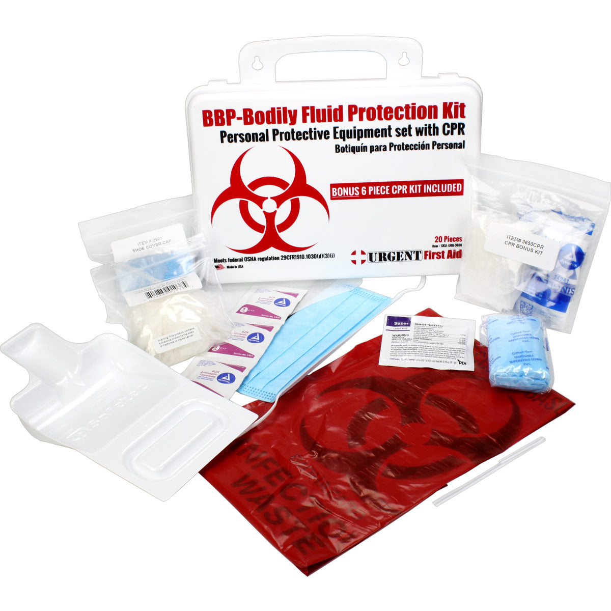 BBP / Bodily Fluid Protection Kit with Bonus 6 piece CPR kit for additional Rescuer Protection quakekits.com