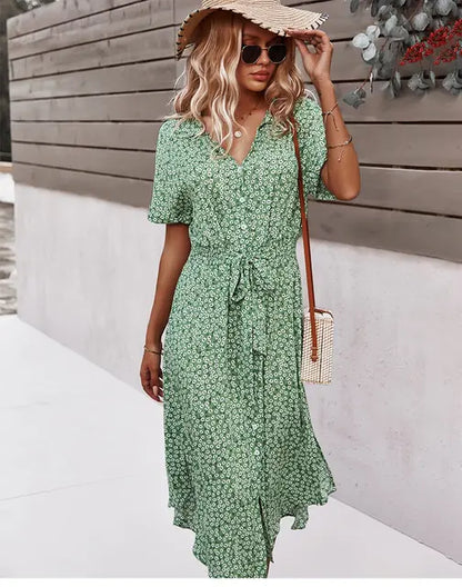 Women's Floral Summer Midi Dress with V Neck