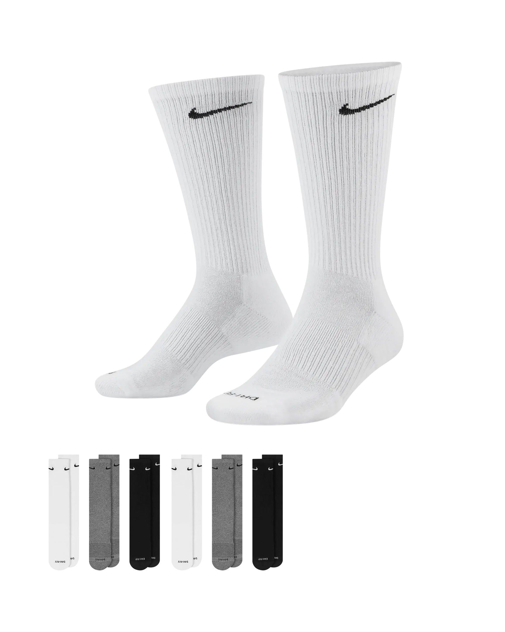 Nike Dri-Fit 6-Pack Cushioned Crew Socks - Black/Gray/White Denim Exchange