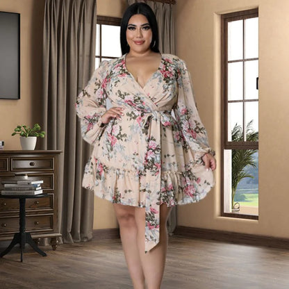 Plus Size Women's Floral Print Chiffon V-Neck Dress