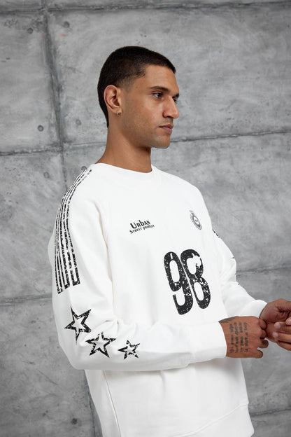 Unisex "98" Distressed Graphic Sweatshirt – Varsity Streetwear Pullover Withinblack