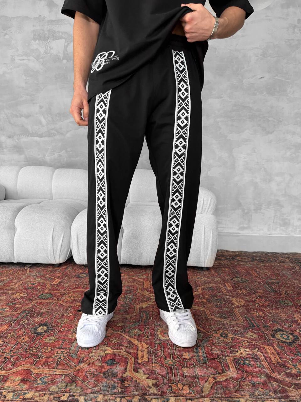 Unisex Cotton Joggers with Side Pattern / Black Streetwear Pants Withinblack