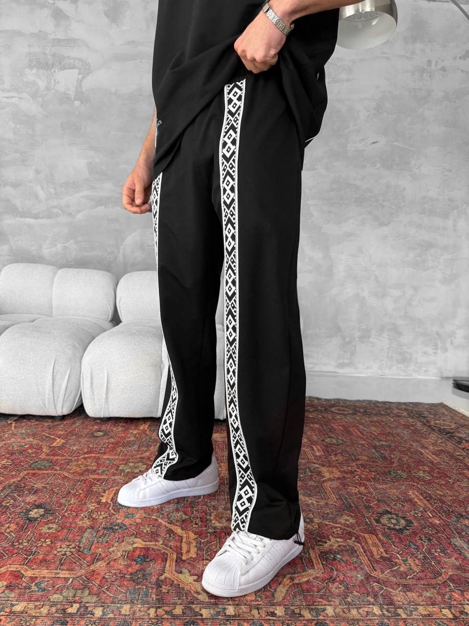 Unisex Cotton Joggers with Side Pattern / Black Streetwear Pants Withinblack