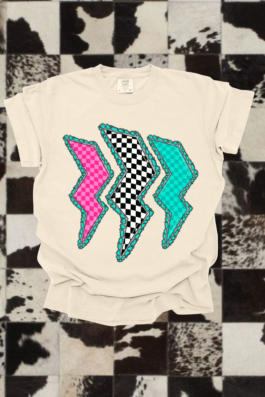 Checkered Lightning Graphic Tee Spurs & Spades Boutique
