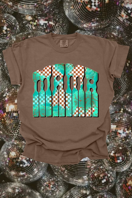 Turquoise Checkered Mama Graphic Tee Spurs & Spades Boutique