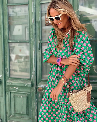 Women's Boho Floral Maxi Dress with Drawstring V Neck