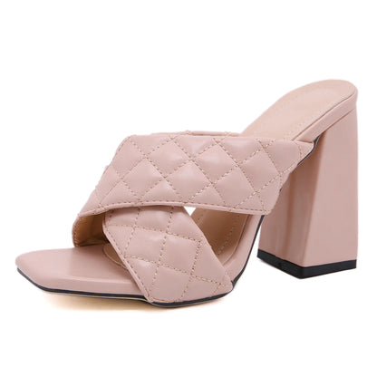 Plaid Chunky Heels with Cross Strap Design