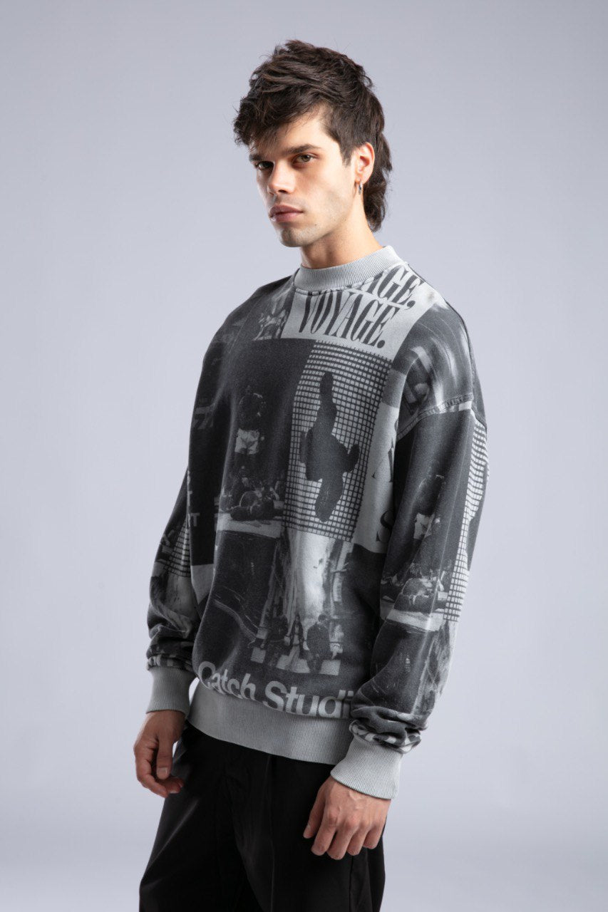 Vintage Wash Graphic Print Sweatshirt - Oversized "VOYAGE" Crewneck Withinblack