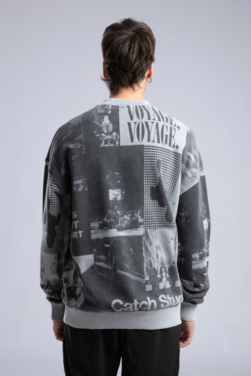 Vintage Wash Graphic Print Sweatshirt - Oversized "VOYAGE" Crewneck Withinblack