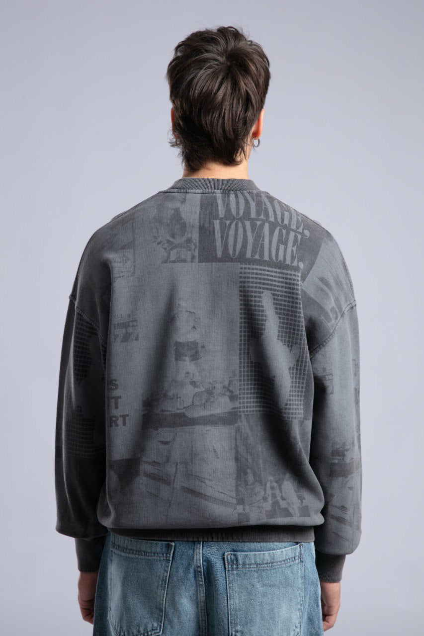 Vintage Wash Graphic Print Sweatshirt - Oversized "VOYAGE" Crewneck Withinblack