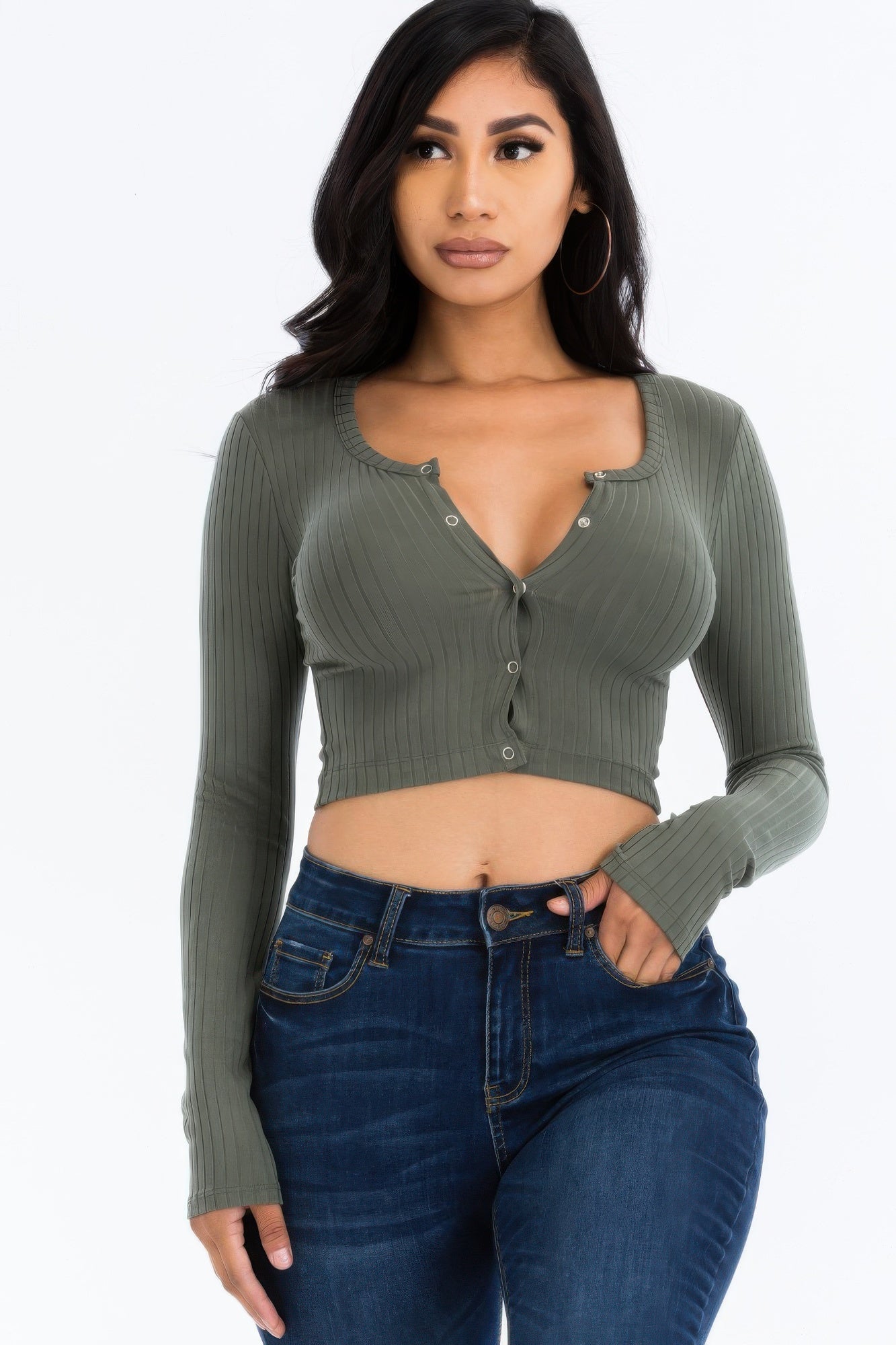 Ribbed Long Sleeve Snap Button Down Crop Top See size chart under “more details” The Fashion Celestial