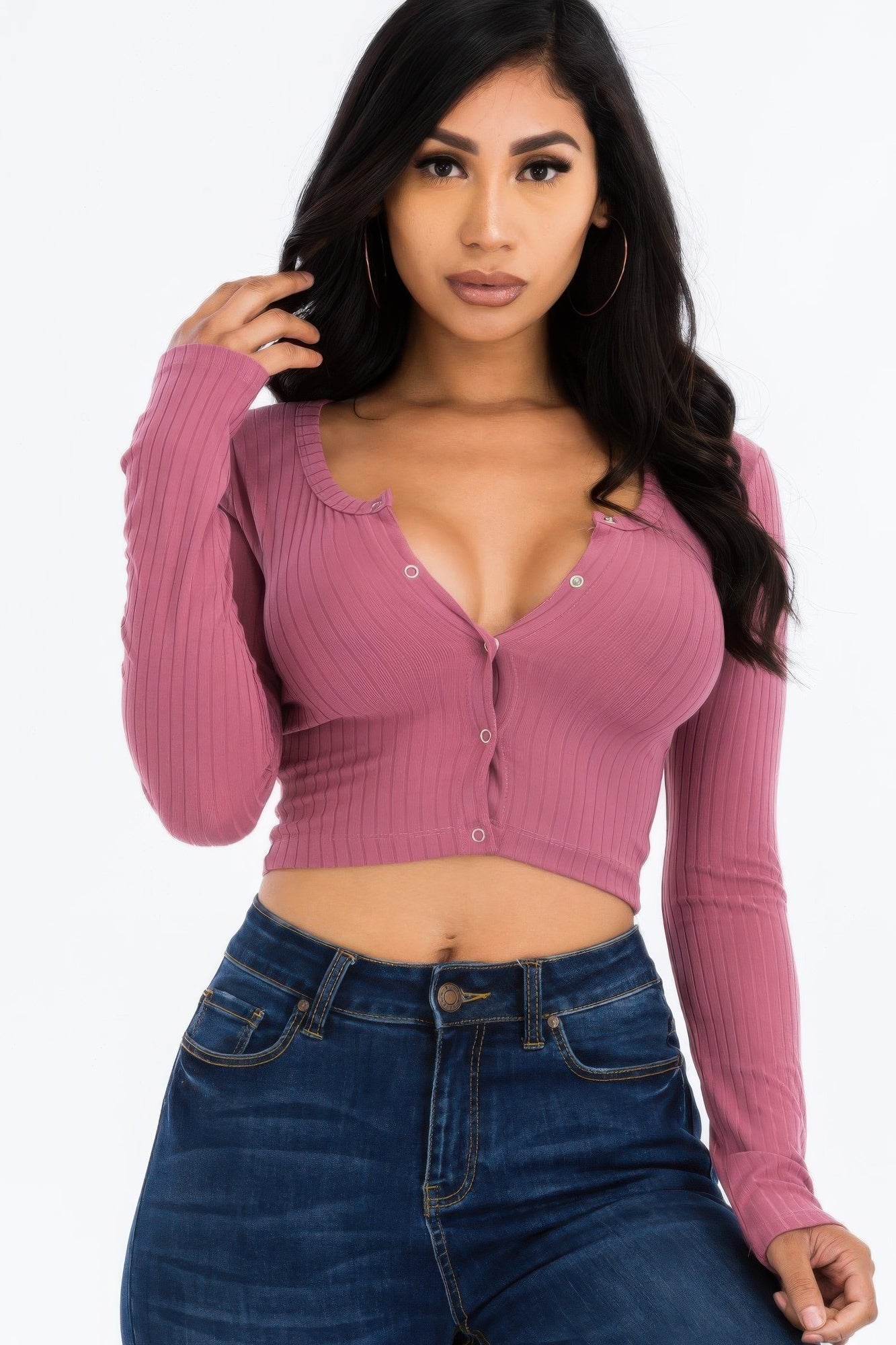 Ribbed Long Sleeve Snap Button Down Crop Top See size chart under “more details” The Fashion Celestial