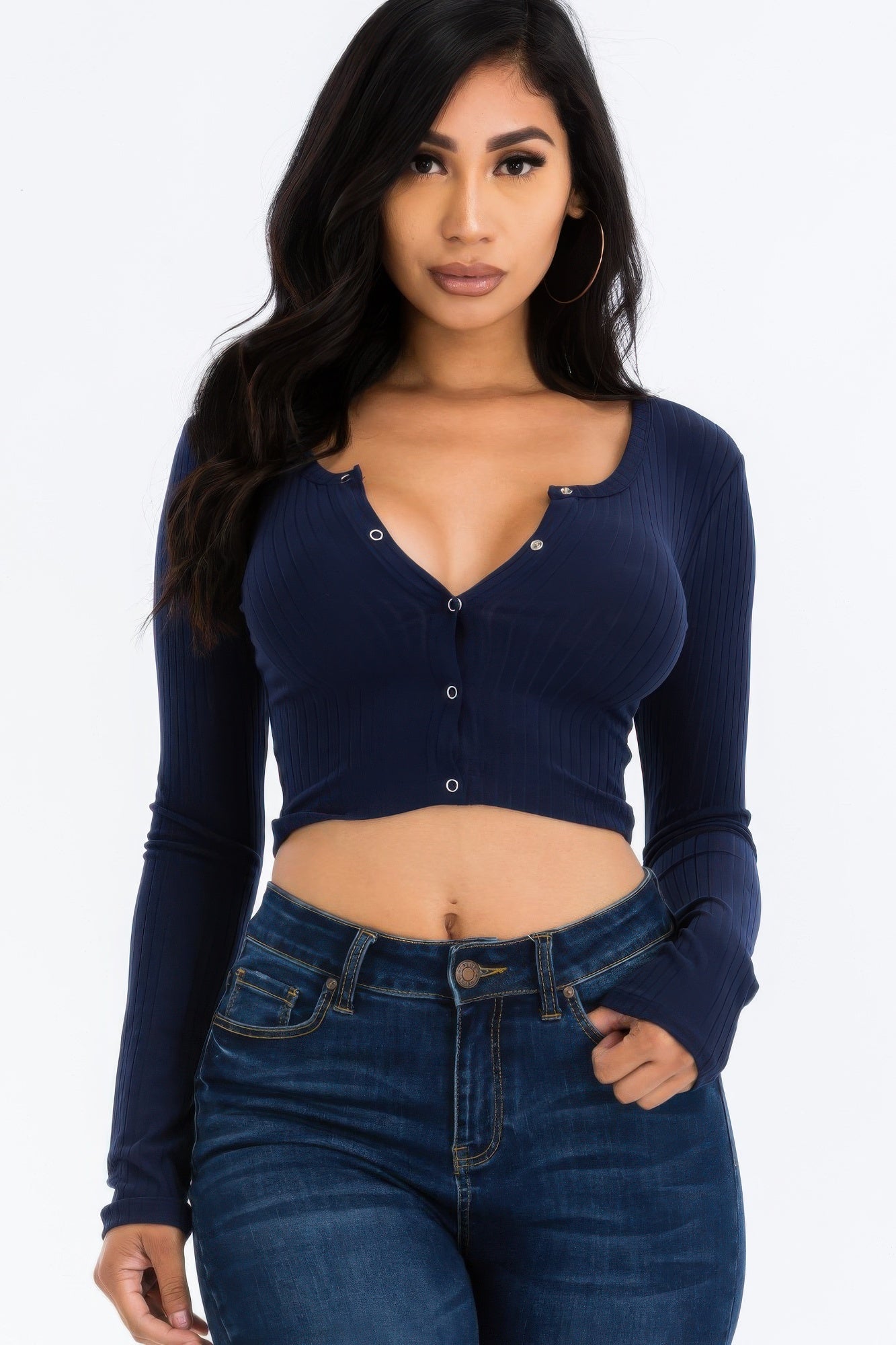 Ribbed Long Sleeve Snap Button Down Crop Top See size chart under “more details” The Fashion Celestial