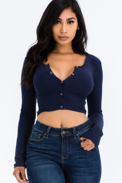 Ribbed Long Sleeve Snap Button Down Crop Top See size chart under “more details” The Fashion Celestial