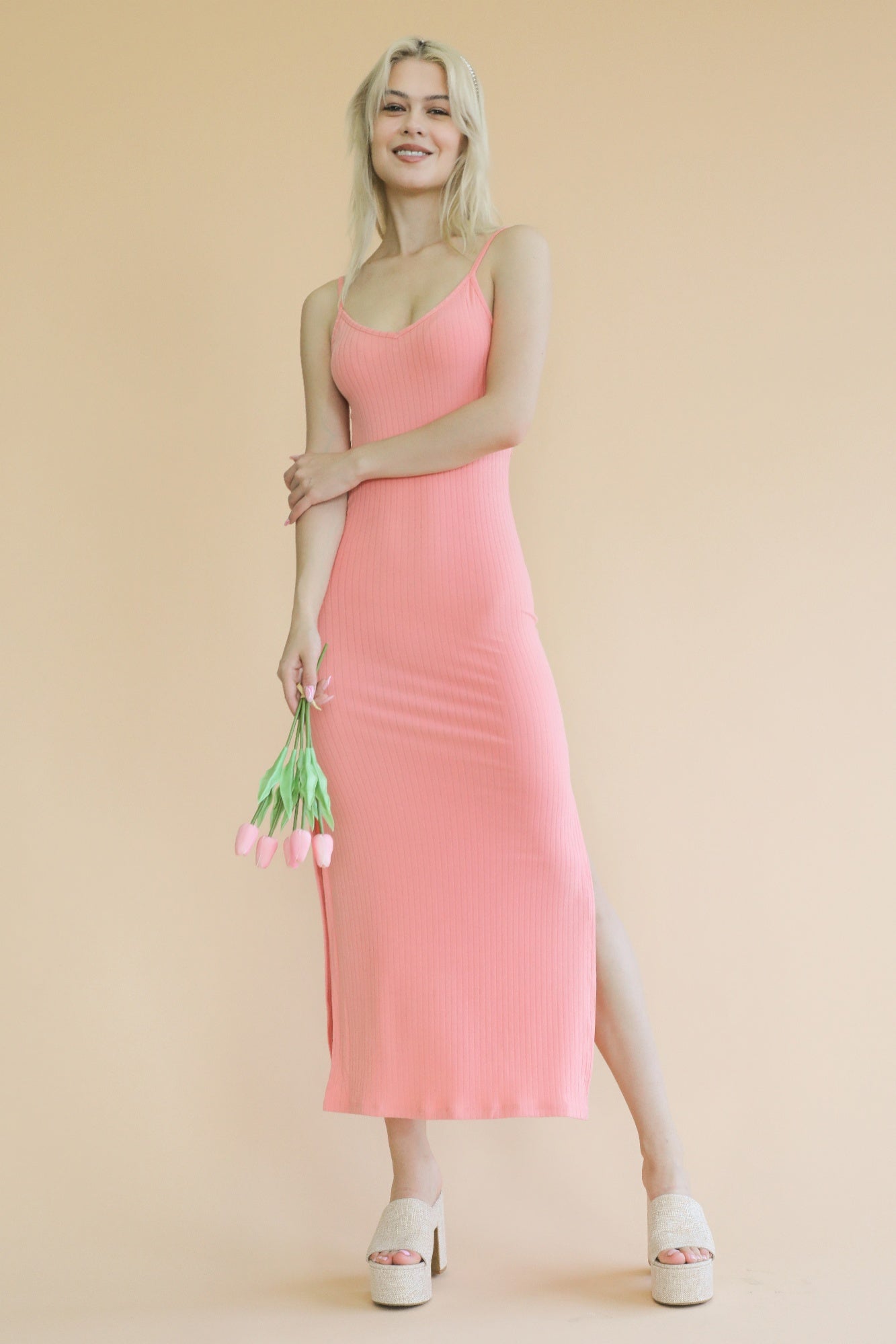 Ribbed Side Slit Long Cami Dress See size chart under “more details” The Fashion Celestial