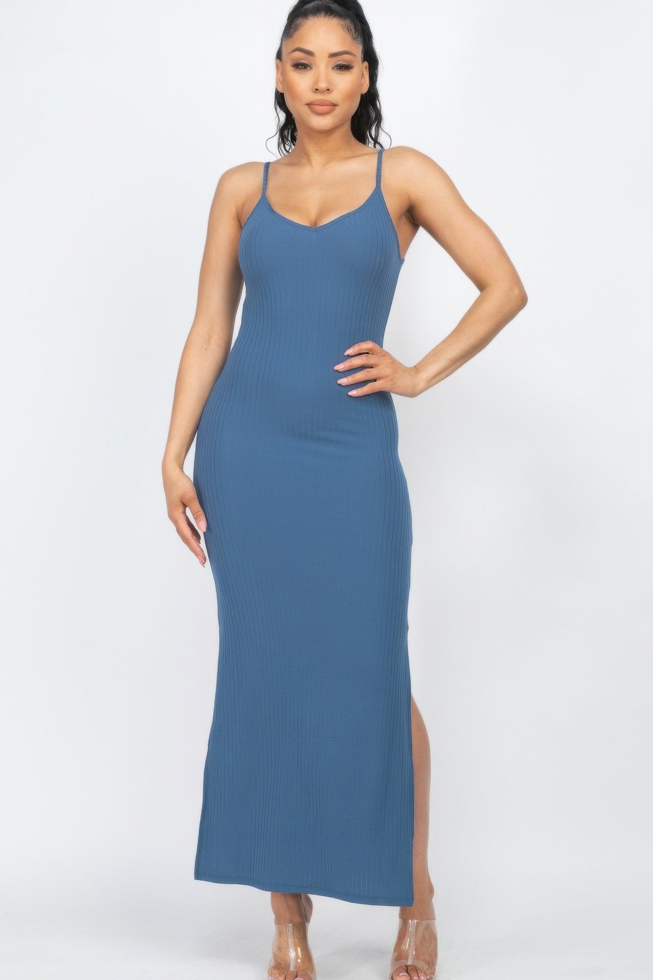 Ribbed Side Slit Long Cami Dress See size chart under “more details” The Fashion Celestial