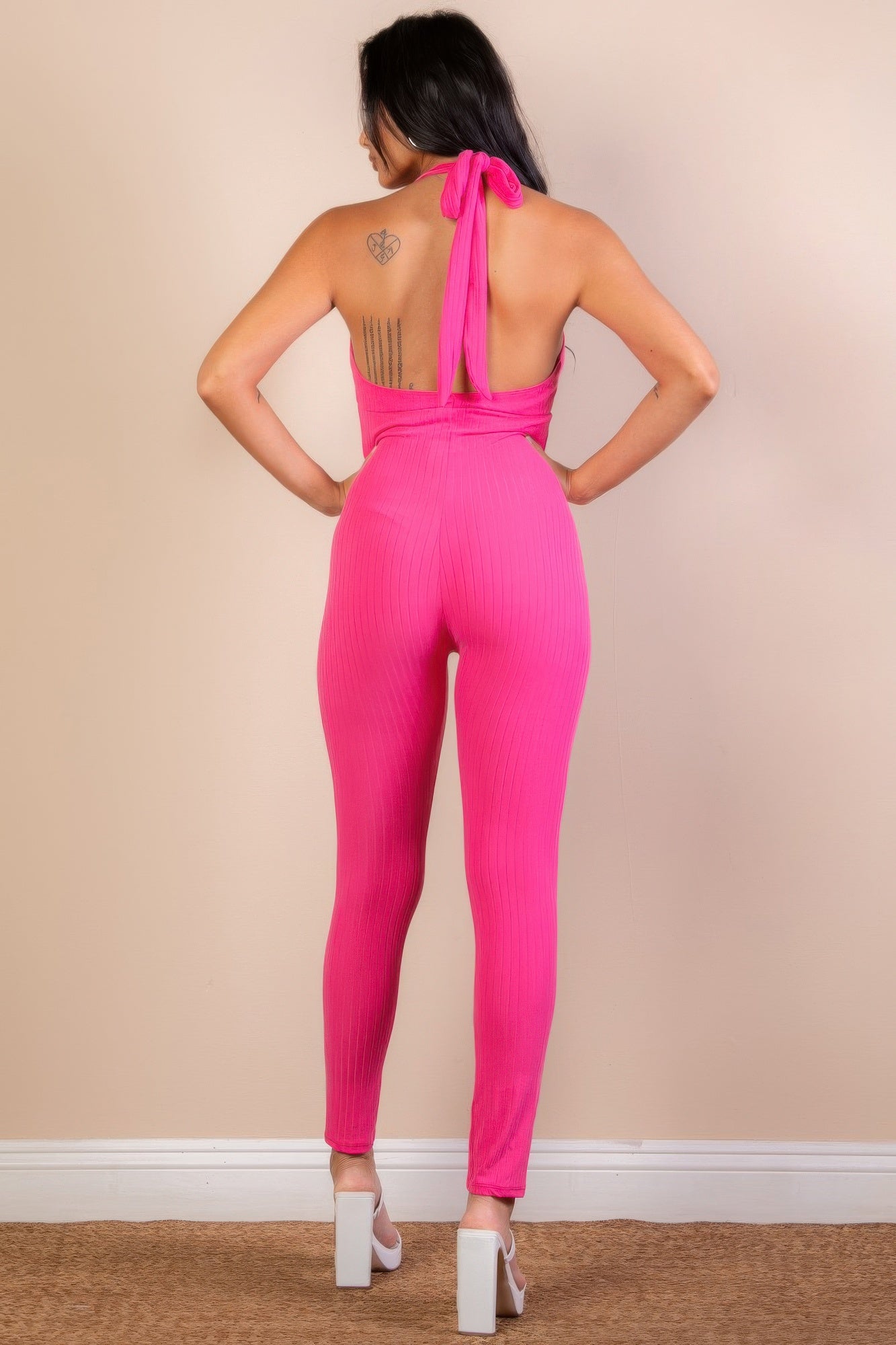 Halter V Neck Ribbed Bodycon Jumpsuit See size chart under “more details” The Fashion Celestial