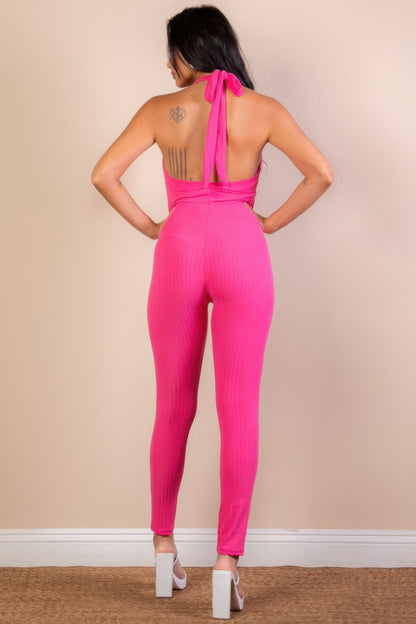 Halter V Neck Ribbed Bodycon Jumpsuit See size chart under “more details” The Fashion Celestial