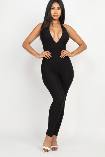 Halter V Neck Ribbed Bodycon Jumpsuit See size chart under “more details” The Fashion Celestial