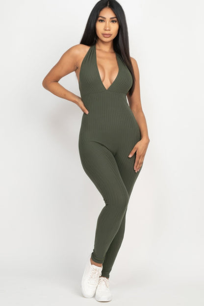Halter V Neck Ribbed Bodycon Jumpsuit See size chart under “more details” The Fashion Celestial